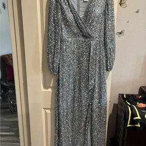Mac Duggal Silver Sequin Long Sleeve Dress